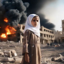 A beautiful young Muslima, a young female child, with a backdrop of war and explosions