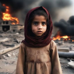 A beautiful young Muslima, a young female child, with a backdrop of war and explosions