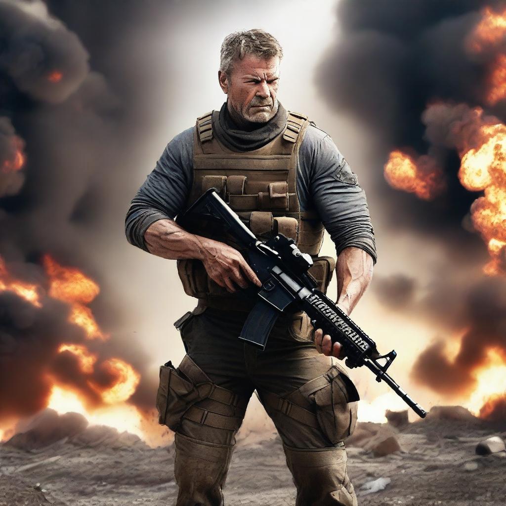 A rugged mercenary with a Caucasian appearance, armed with a gun, amidst a war-torn battlefield with explosions in the background