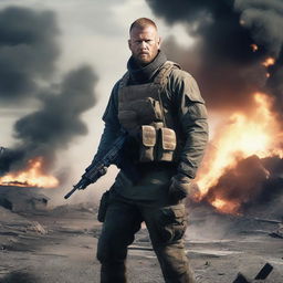 A rugged mercenary with a Caucasian appearance, armed with a gun, amidst a war-torn battlefield with explosions in the background