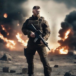 A rugged mercenary with a Caucasian appearance, armed with a gun, amidst a war-torn battlefield with explosions in the background