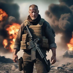 A rugged mercenary with a Caucasian appearance, armed with a gun, amidst a war-torn battlefield with explosions in the background