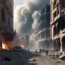 A war-torn city in Syria, with destroyed buildings, explosions, and fire