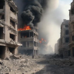 A war-torn city in Syria, with destroyed buildings, explosions, and fire