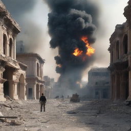 A war-torn city in Syria, with destroyed buildings, explosions, and fire