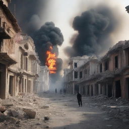 A war-torn city in Syria, with destroyed buildings, explosions, and fire