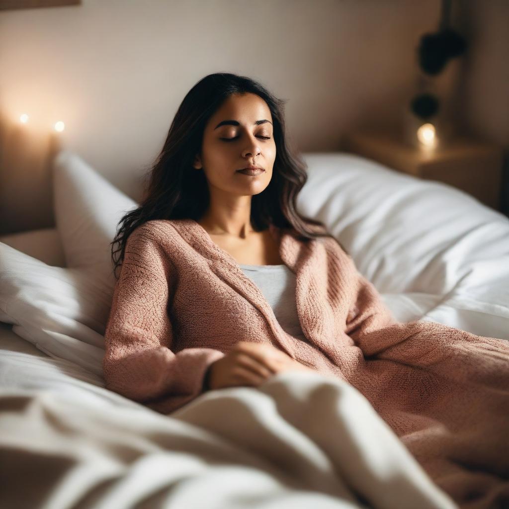 A woman lying on her bed, looking relaxed and peaceful