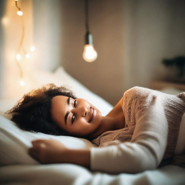 A woman lying on her bed, looking relaxed and peaceful