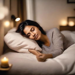 A woman lying on her bed, looking relaxed and peaceful