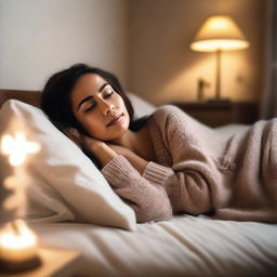 A woman lying on her bed, looking relaxed and peaceful