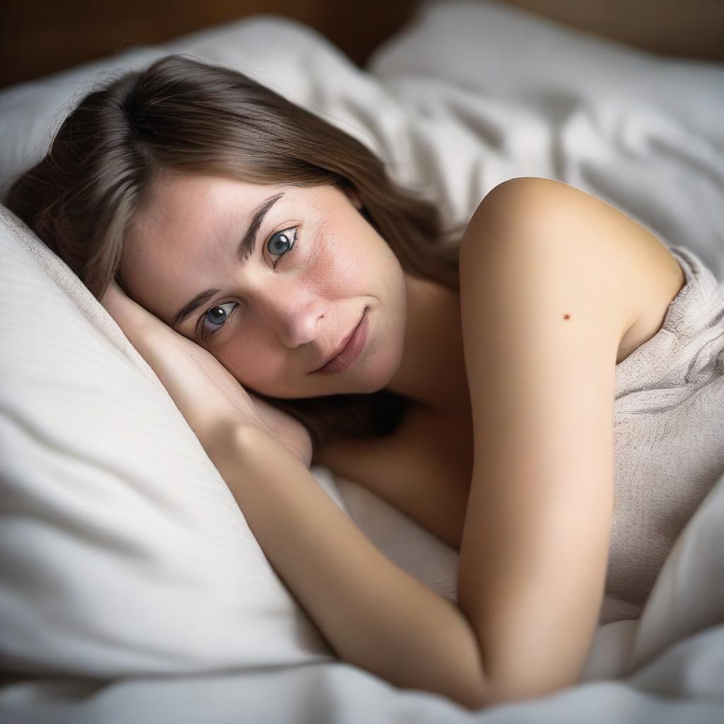 A young white woman lying on her stomach, her chest slightly forward and her hips elevated