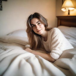 A young white woman lying on her stomach in a cozy bedroom