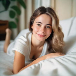 A young white woman lying on her stomach in a cozy bedroom