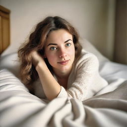 A young white woman lying on her stomach in a cozy bedroom