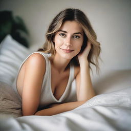 A young white woman in a stylish outfit lying on her stomach in a cozy bedroom