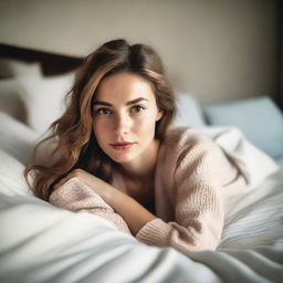 A young white woman in a stylish outfit lying on her stomach in a cozy bedroom