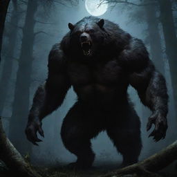 An intimidating yet exciting depiction of a bear-werewolf hybrid creature, showcasing its monstrous size and immense power, set in a shadowy forest bathed in moonlight.