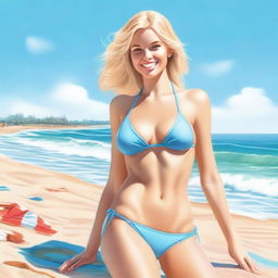 A realistic image of a blonde woman wearing a bikini on a sunny beach