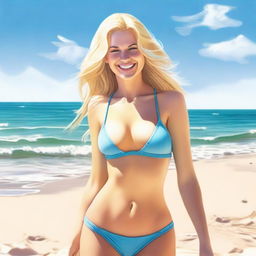 A realistic image of a blonde woman wearing a bikini on a sunny beach