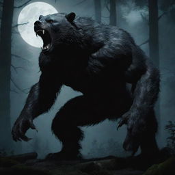 An intimidating yet exciting depiction of a bear-werewolf hybrid creature, showcasing its monstrous size and immense power, set in a shadowy forest bathed in moonlight.