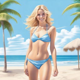 A realistic depiction of a blonde girl in a bikini, modeling on a beautiful beach