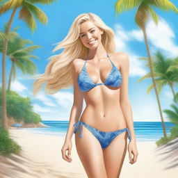 A realistic depiction of a blonde girl in a bikini, modeling on a beautiful beach