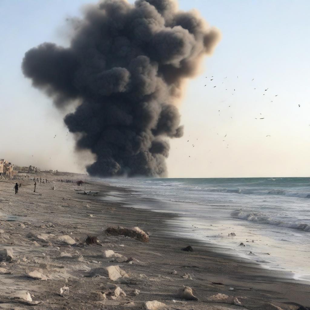 A beach in Syria during wartime, with explosions in the sky and signs of conflict