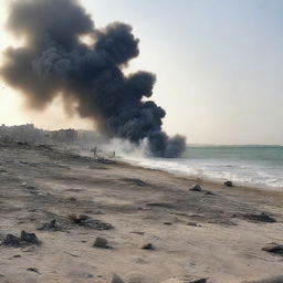 A beach in Syria during wartime, with explosions in the sky and signs of conflict