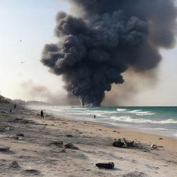 A beach in Syria during wartime, with explosions in the sky and signs of conflict