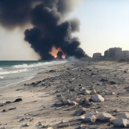 A beach in Syria during wartime, with explosions in the sky and signs of conflict