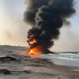 A beach in Syria during wartime, with explosions in the sky and fire