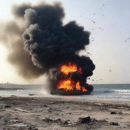 A beach in Syria during wartime, with explosions in the sky and fire