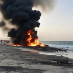 A beach in Syria during wartime, with explosions in the sky and fire