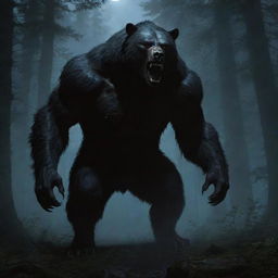 An intimidating yet exciting depiction of a bear-werewolf hybrid creature, showcasing its monstrous size and immense power, set in a shadowy forest bathed in moonlight.