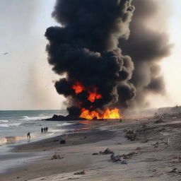 A beach in Syria during wartime, with explosions in the sky and fire