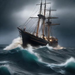 An old, small ship filled with refugees struggling through a violent thunderstorm in the ocean