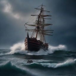 An old, small ship filled with refugees struggling through a violent thunderstorm in the ocean