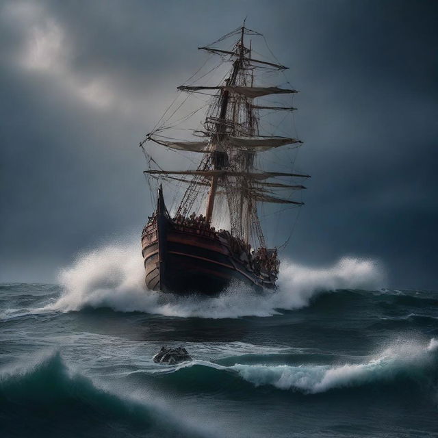 An old, small ship filled with refugees struggling through a violent thunderstorm in the ocean