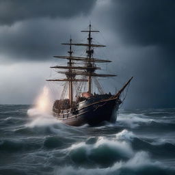 An old, small ship filled with refugees struggling through a violent thunderstorm in the ocean