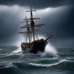 An old, small ship filled with refugees struggling through a violent thunderstorm in the ocean