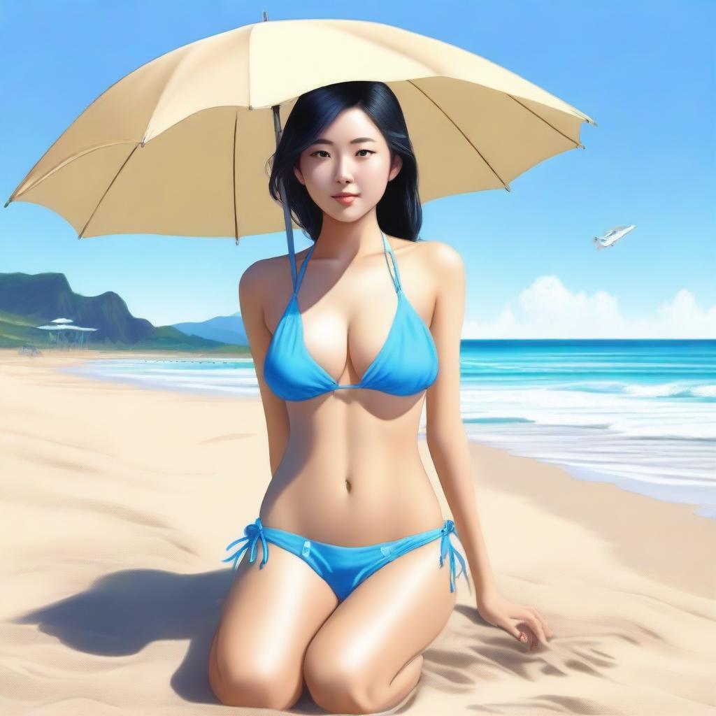 A realistic image of an Asian girl wearing a bikini on a beach