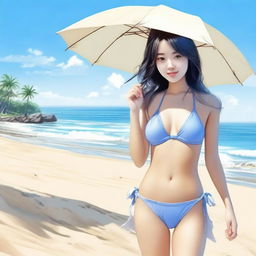 A realistic image of an Asian girl wearing a bikini on a beach