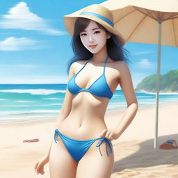 A realistic image of an Asian girl wearing a bikini on a beach