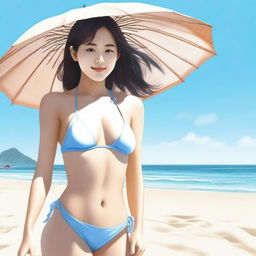 A realistic image of an Asian girl wearing a bikini on a beach