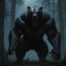 An intimidating yet exciting depiction of a bear-werewolf hybrid creature, showcasing its monstrous size and immense power, set in a shadowy forest bathed in moonlight.