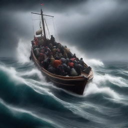 A small boat filled with refugees battling against heavy waves in the middle of a stormy ocean