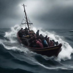 A small boat filled with refugees battling against heavy waves in the middle of a stormy ocean