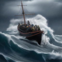 A small boat filled with refugees battling against heavy waves in the middle of a stormy ocean