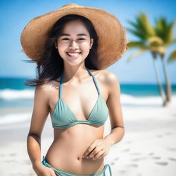 A real-life image of a tan Vietnamese girl wearing a bikini on the beach