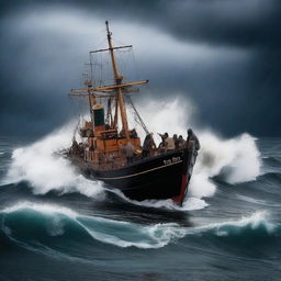 An old fisher boat filled with refugees fighting against heavy waves in the middle of a stormy ocean